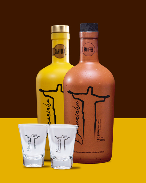 Kit 1 Licor de Banana + 1 Licor Doce de Leite e Banana + 2 Copos de Shot de Vidro 50ml - Bananinha Carioca